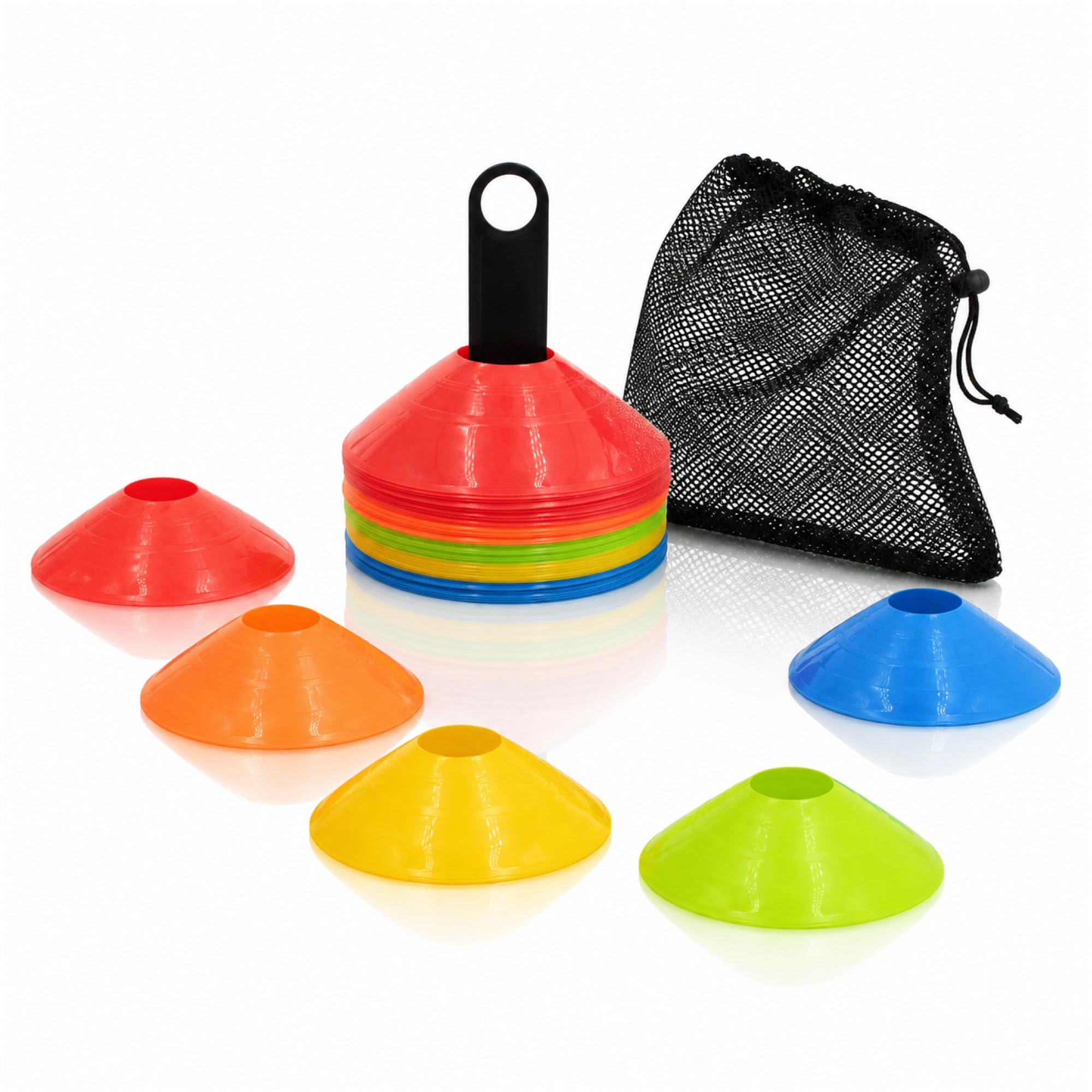 Kyto Sports Fußball Trainingsset 3-teilig – Rebounder 100x100 cm, 50 Markierungshütchen & Koordinationsleiter 6 m – Techniktraining, Agility, Schnelligkeit, Footwork & Ausdauer