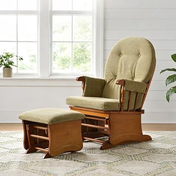 Solid Wood Glider Rocking Chair and Ottoman Set, Rustic Nursery Glider Rocker with Padded Cushion, Smooth Rocking Motion Indoor Living Room Nursing Napping Reading, Brown+Khaki Green