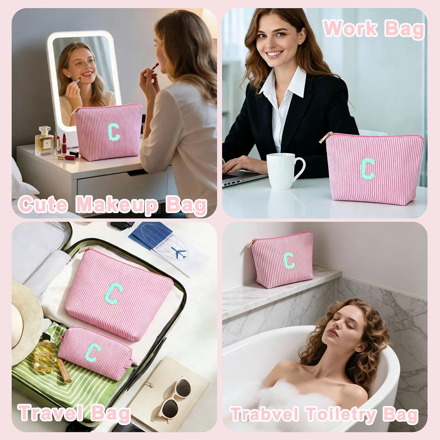 Easter Basket Stuffers for Kids Teen Girls Women | Initial Makeup Bag | Pink Cosmetic Bag Travel Bags | 11 12 13 14 15 16 Years Old Girl Gift Teacher Gift Teen Girl Gifts Trendy Stuff C