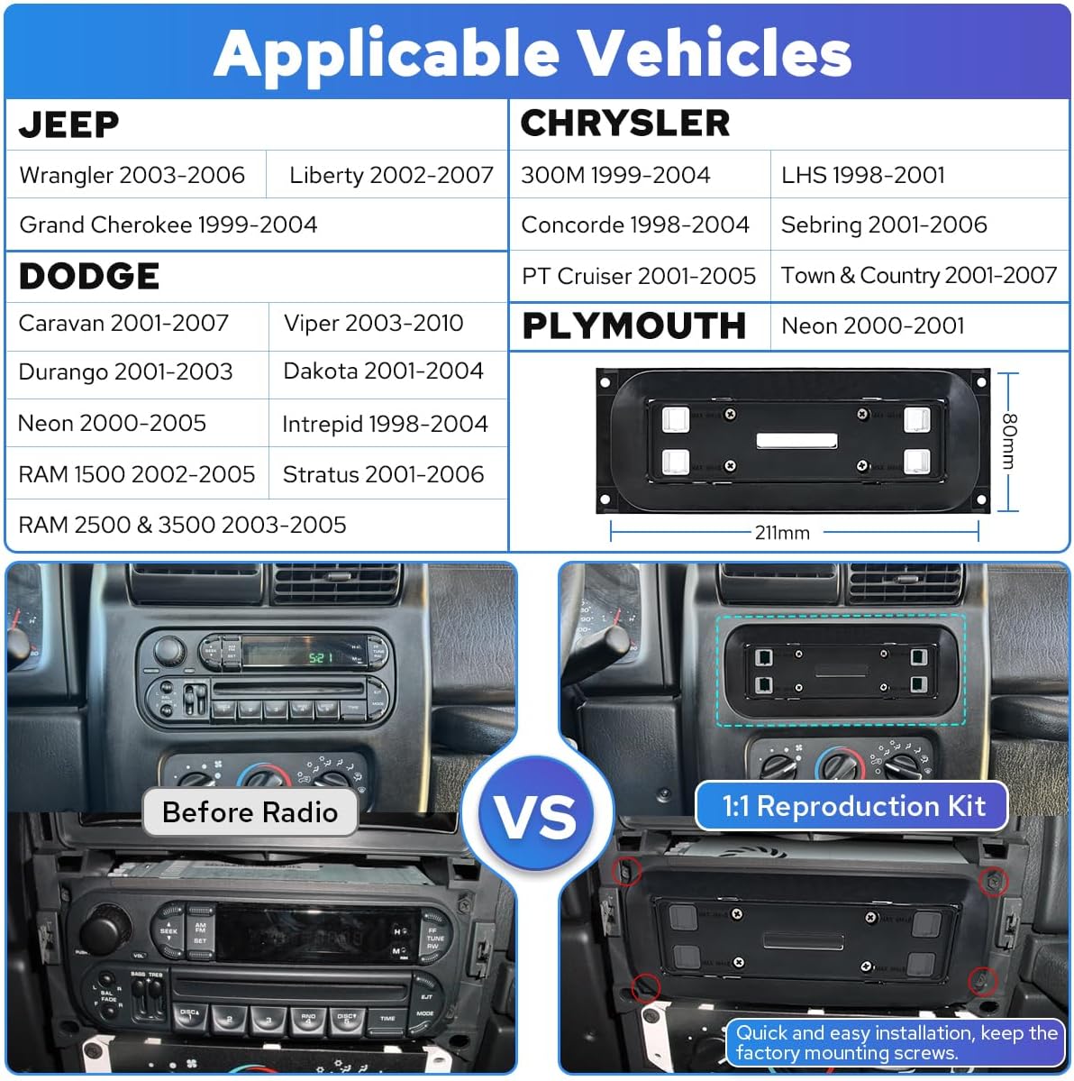 Joying Car Radio for Dodge/Jeep/Chrysler 1998-2007 Upgrade, 7" Android 13 Stereo for RAM 1500(2002-2005),Wrangler (2003-2006),Grand Cherokee(1999-2004) with Carplay & Android Auto,4GB+64GB(JY-DG301T4)