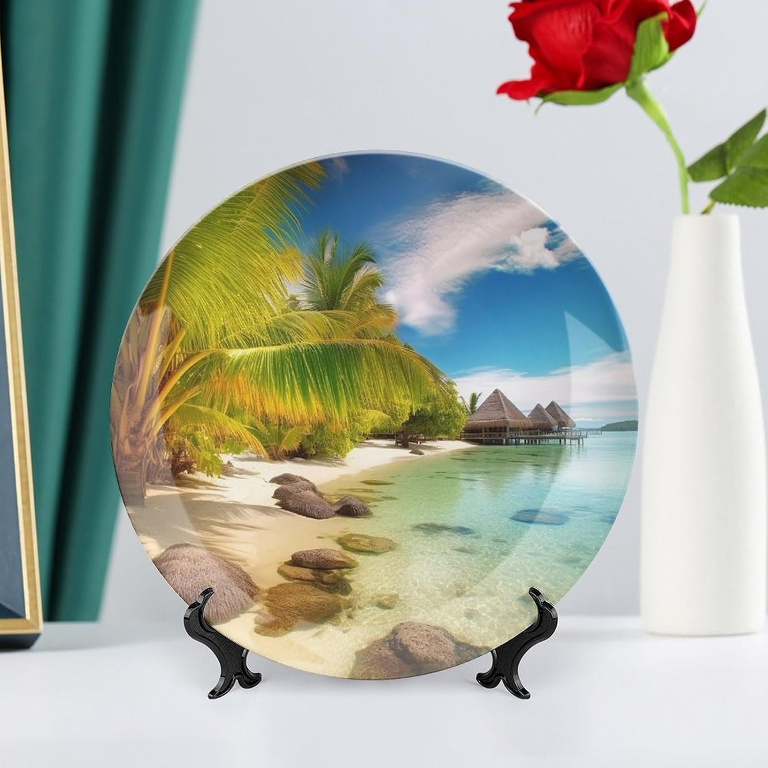 Bone China Decorative Plates Tropical Beach Scenery Ceramic Decorative Plate Wall Decor with Display Stand Ceramic Ornaments for Wall Hanging Decoration