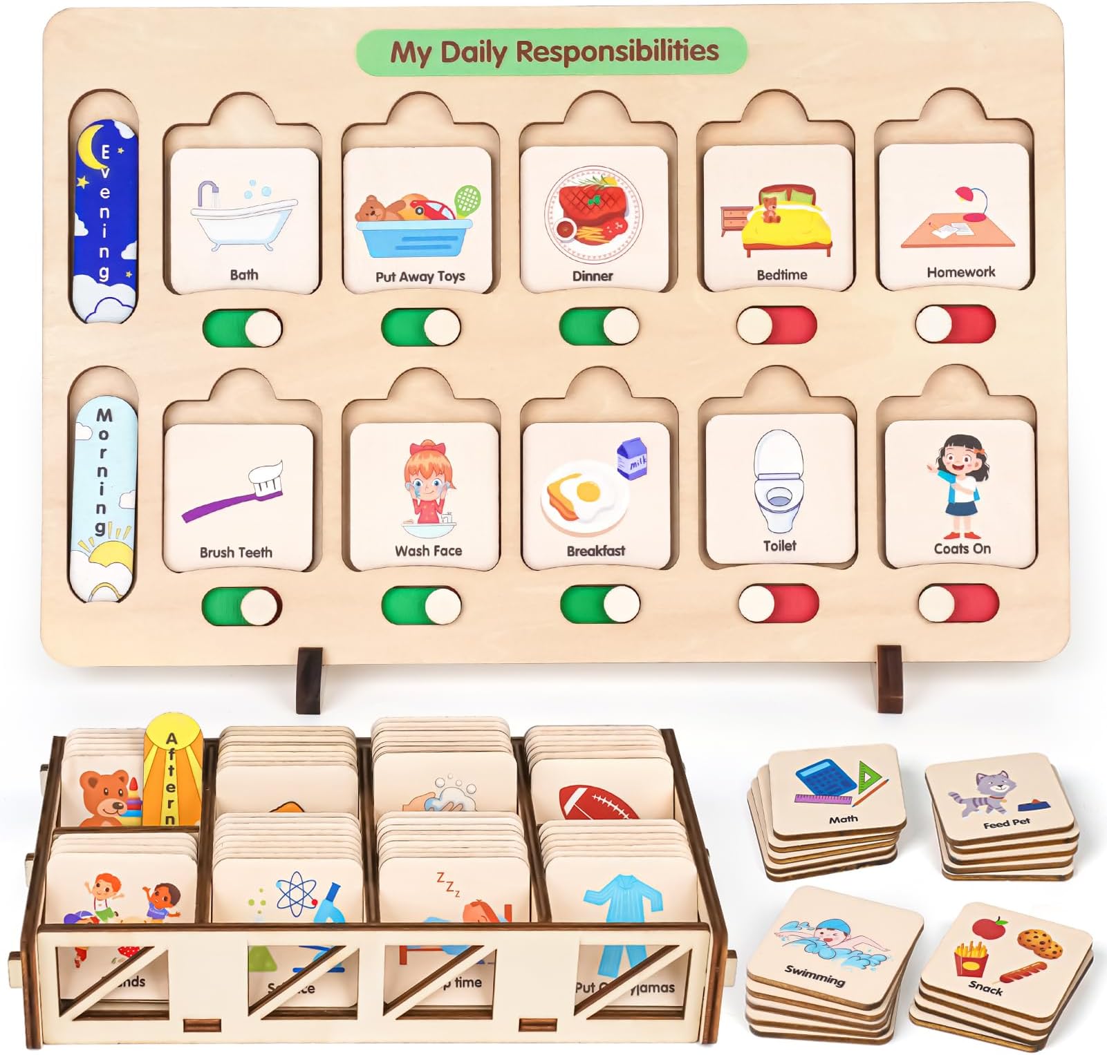 Wooden Visual Schedule for Kids Chore Chart, Morning Bedtime Routine Charts for Kids Toddlers, autism learning materials&Daily Schedule Board for home