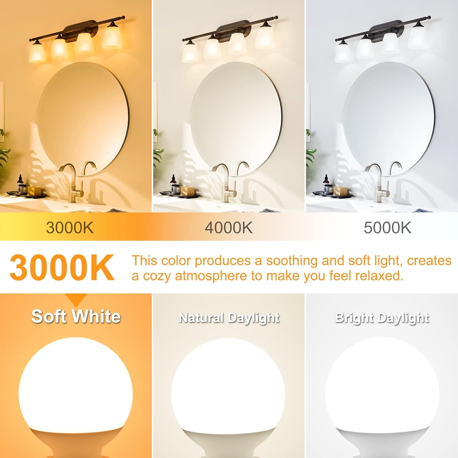 12 Pack E26 Base Bathroom Light Bulbs 3000K Soft White, G25 LED Globe Light Bulbs 60Watt Incandescent Equivalent, Round Light Bulb for Vanity Mirror, 5W, 500LM, Non-Dimmable