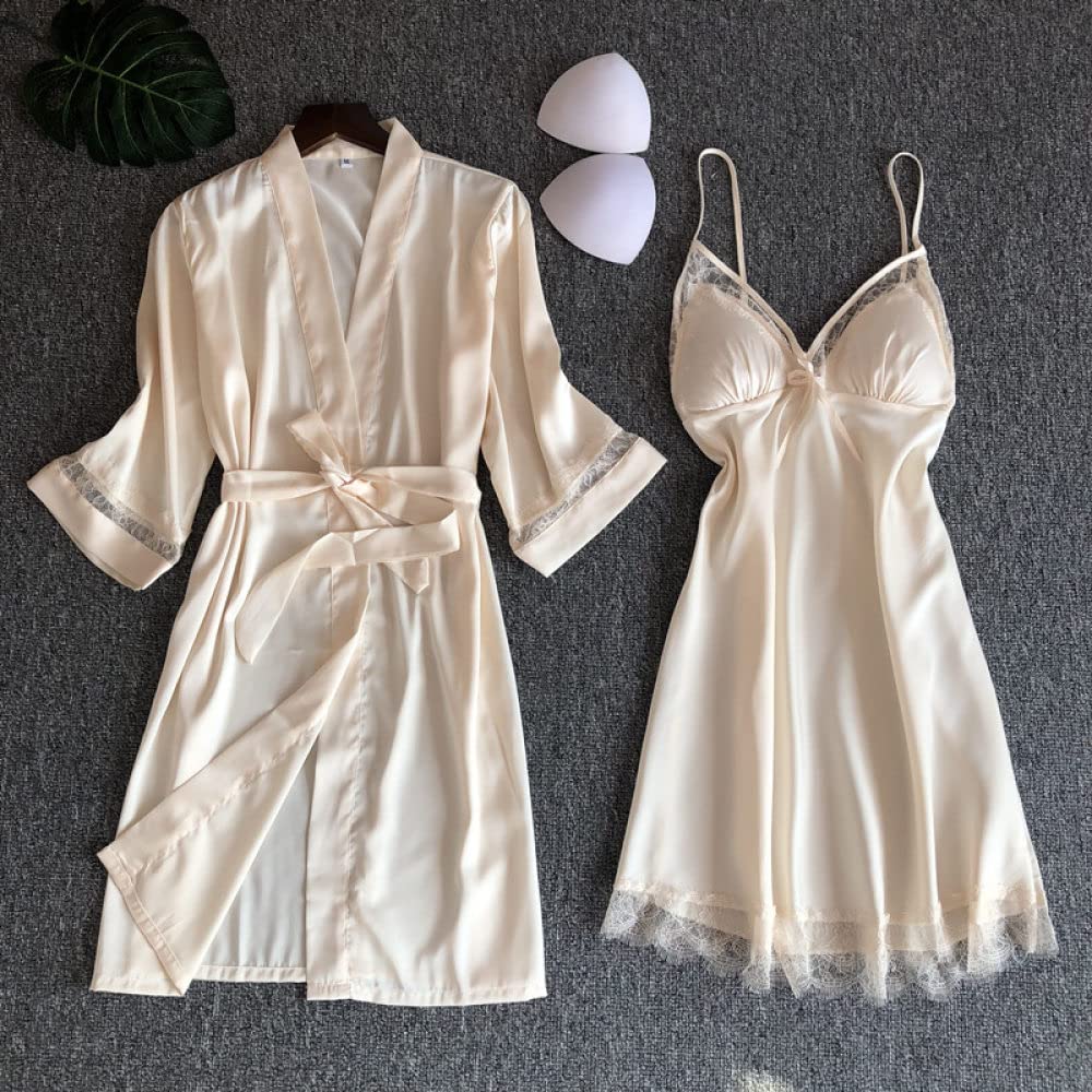 Pigiama Donna,Set 2 Pezzi Accappatoio In Raso Camicia Da Notte Sexy Pizzo Scollo A V Pigiama Fionda Kimono Vestaglia Con Cintura Abito Leggero Camicia Da Notte Vestaglia Sposa Bademantel Damen,Champ