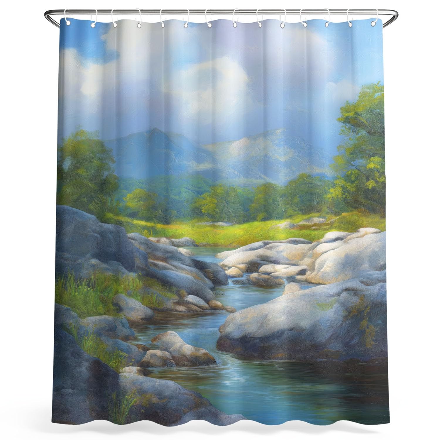 Cortina de ducha natural para paisaje, cortina de ducha, 180 x 200 cm, antimoho, tela lavable, naturaleza salvaje, río, sinuoso, rocas, baño, bañera, con ganchos, azul