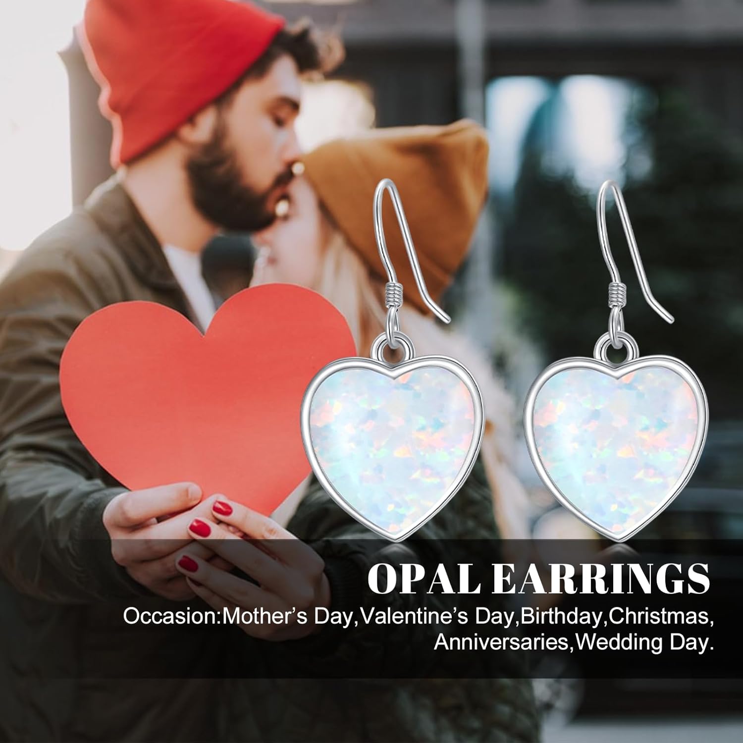 Heart Opal/Moissanite 925 Sterling Silver Simple Dainty Earrings Hook, Dangle Earrings Birthday Valentine's Day Gift for Women