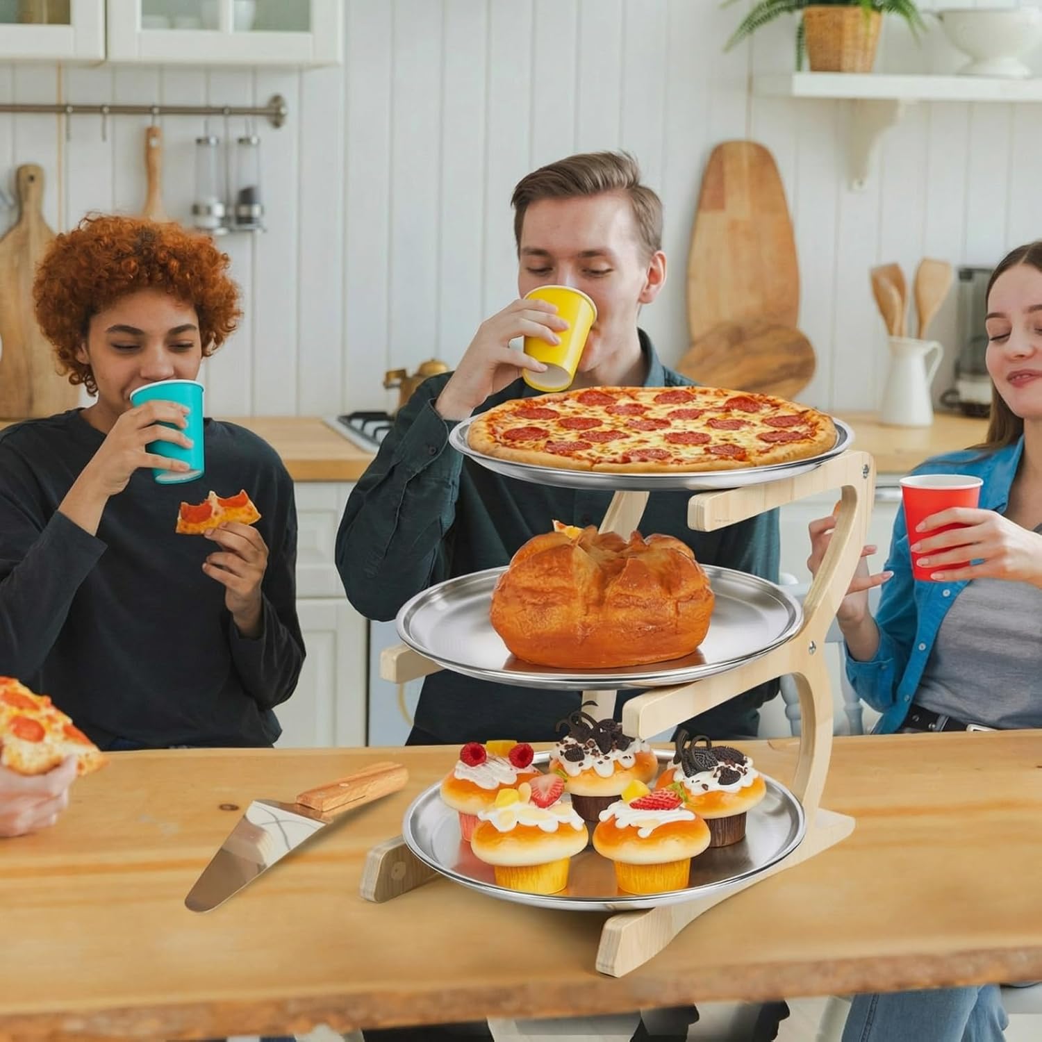 14 Pcs Wooden Pizza Pan Riser Stands Sets Tiered Tray Stand 13.8" L x 7.9" W x 12.6" H Tower Rack Serving Tray Holder Food Platter Display Rack for Dessert Cheese Restaurant Home