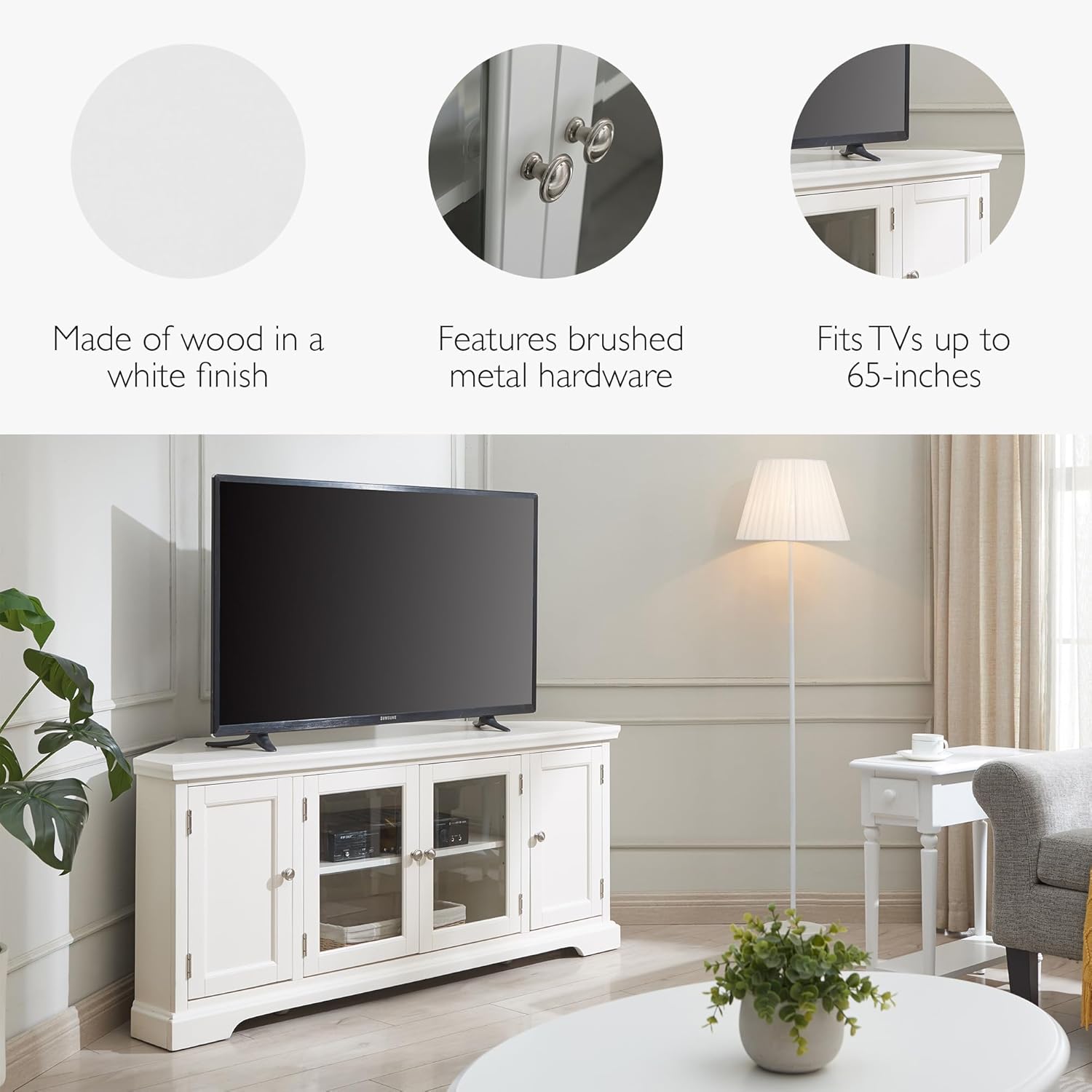 Leick Home Mateo Corner TV Stand, for 65 in. TV, 2 Glass Doors and 2 Soild Doors, White, 85386