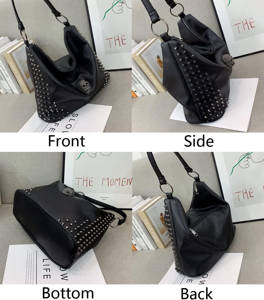 YAQUNICER Skull Tote Purse Shoulder Handbags for Women Punk Rivet Top-handle Satchel PU Leather Crossbody Bag