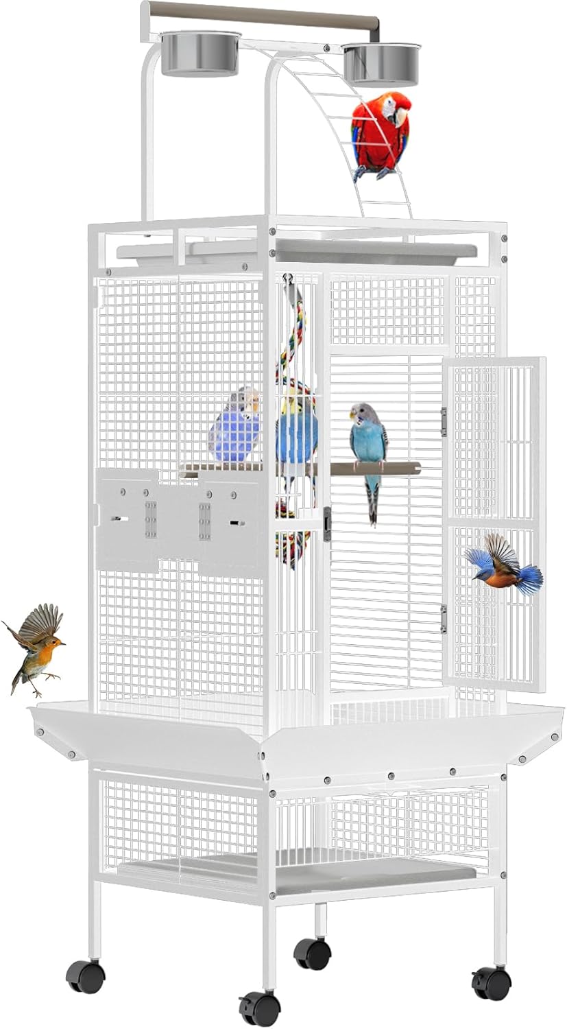 60 Inch Wrought Iron Large Bird Cage with Rolling Stand, Metal Parrot Cage with Play Top & 4 Stainless Steel Bowls for African Grey Cockatiel Sun Parakeet Green Cheek Conure Lovebird Budgie, White