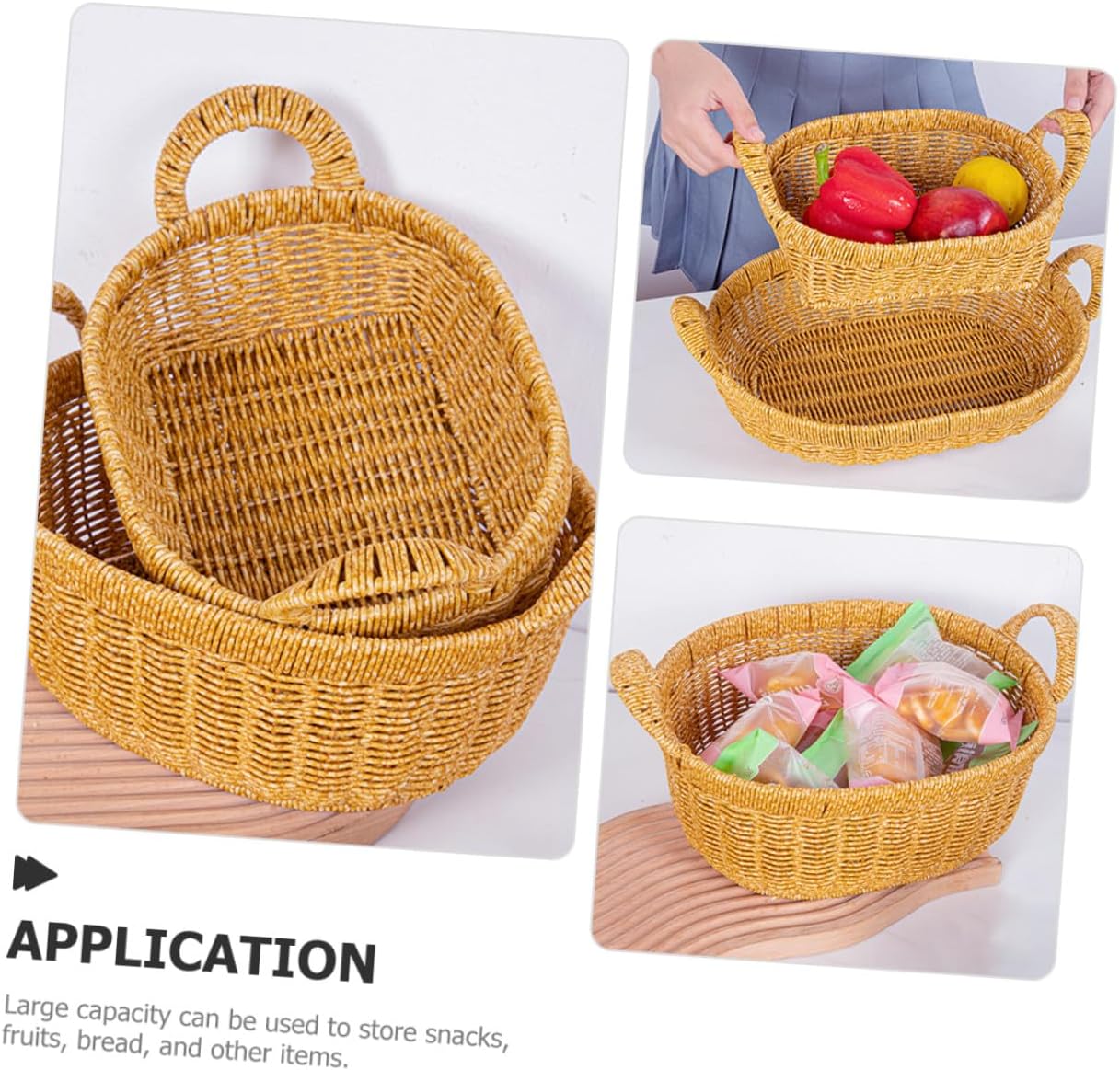 Large Oval Deep Fruit and Bread Basket with Double Handles, Handwoven Simulated Rattan Snack Storage Tray for Kitchen Organizer and Outdoor Picnic Serving