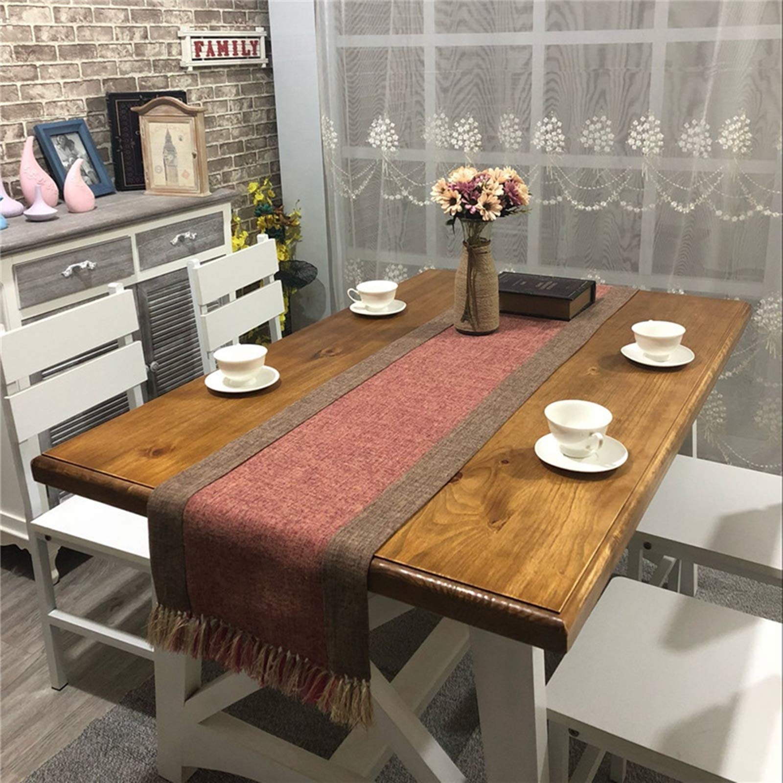 Tischläufer Baumwollleinen Wohnzimmer, Tischläufer Hochzeit 38x200 cm, Zweifarbig mit Quasten