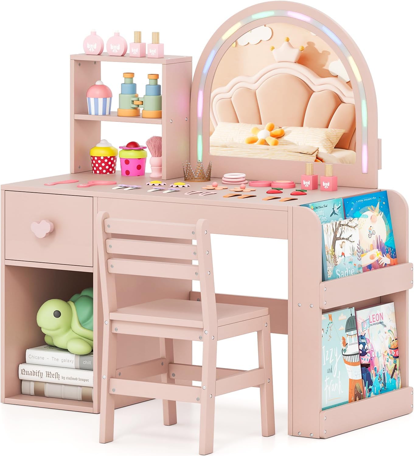 Costzon Kids Vanity, Girls Vanity Set with Lighted Mirror, Bookshelf, Drawer, Storage Cabinet & Shelves, Toddler Makeup Vanity Desk Dressing Table, Wooden Kids Vanity Table and Chair Set (Pink)