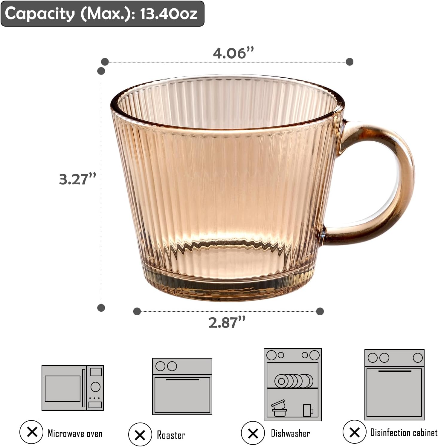 13oz Vintage Coffee Mugs 2 pack Striped Glass Tea Cups with Handle Stackable Amber Espresso Cup for Cappuccino Latte Beverages - Image 2