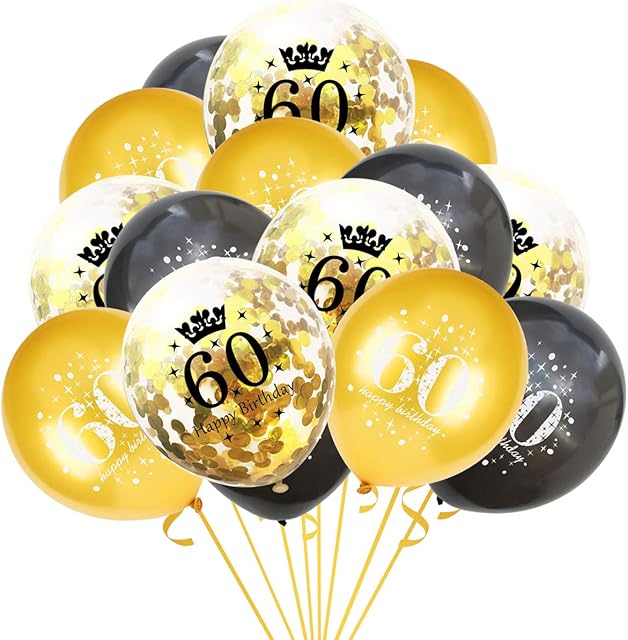 onehous 60th Birthday Balloons, Black Gold Birthday Balloons Latex Confetti Balloons for Men Women Happy 60th Birthday Party Decorations Supplies - 15 Pcs (Age 60) Reusable