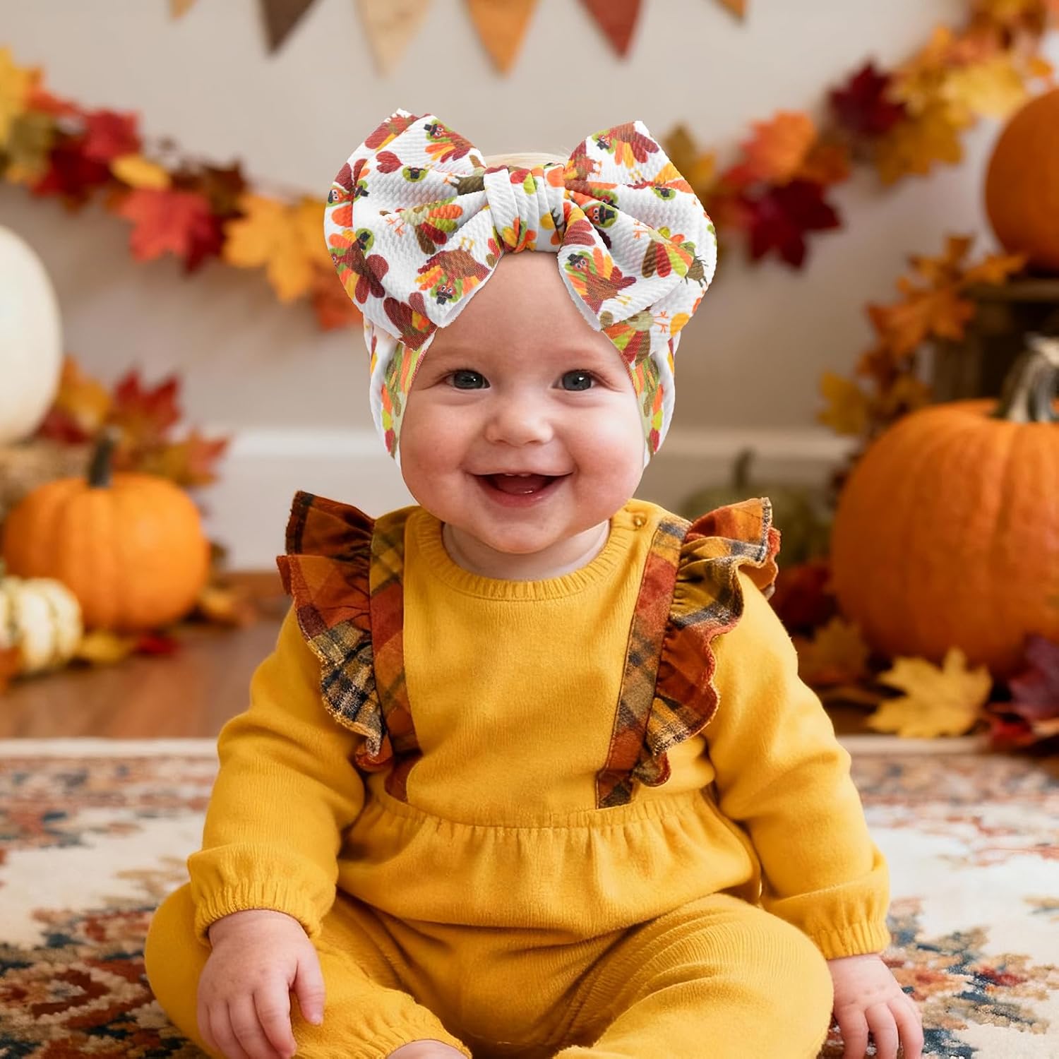 YanJie 7’’ Thanksgiving Headband Baby Bows for Girls Turkey Headbands for Newborn Fall Accessories for Baby Girl Thanksgiving Outfit Toddler Hair Bow