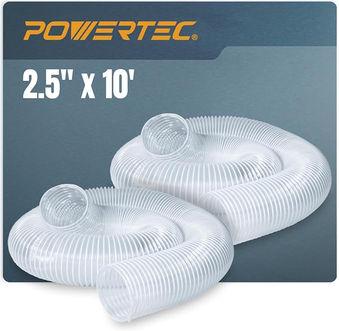 POWERTEC 2PK 2-1/2" x 10' Dust Collection Hose, Flexible PVC Dust Collector Hose for Table Saw, Band Saw, Router Table, Belt Sander, Woodworking & Garage, Wood Shop Dust Collection System (70129-P2)