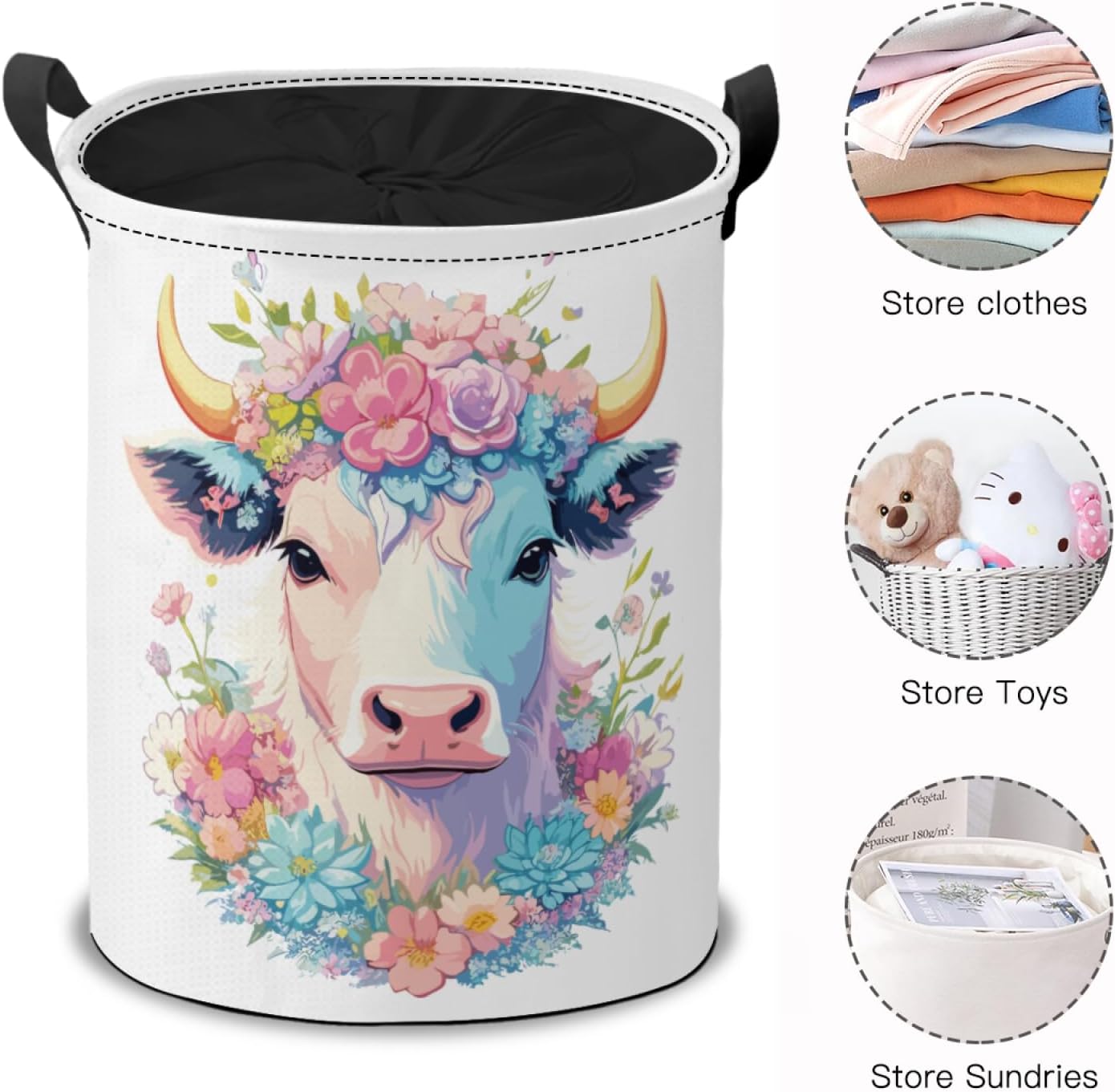 Storage Basket Foldable Laundry Basket Lightweight with Handles Hamper Toy Storage for Laundry Room Livingroom Bedroom Bathroom Highland Cow