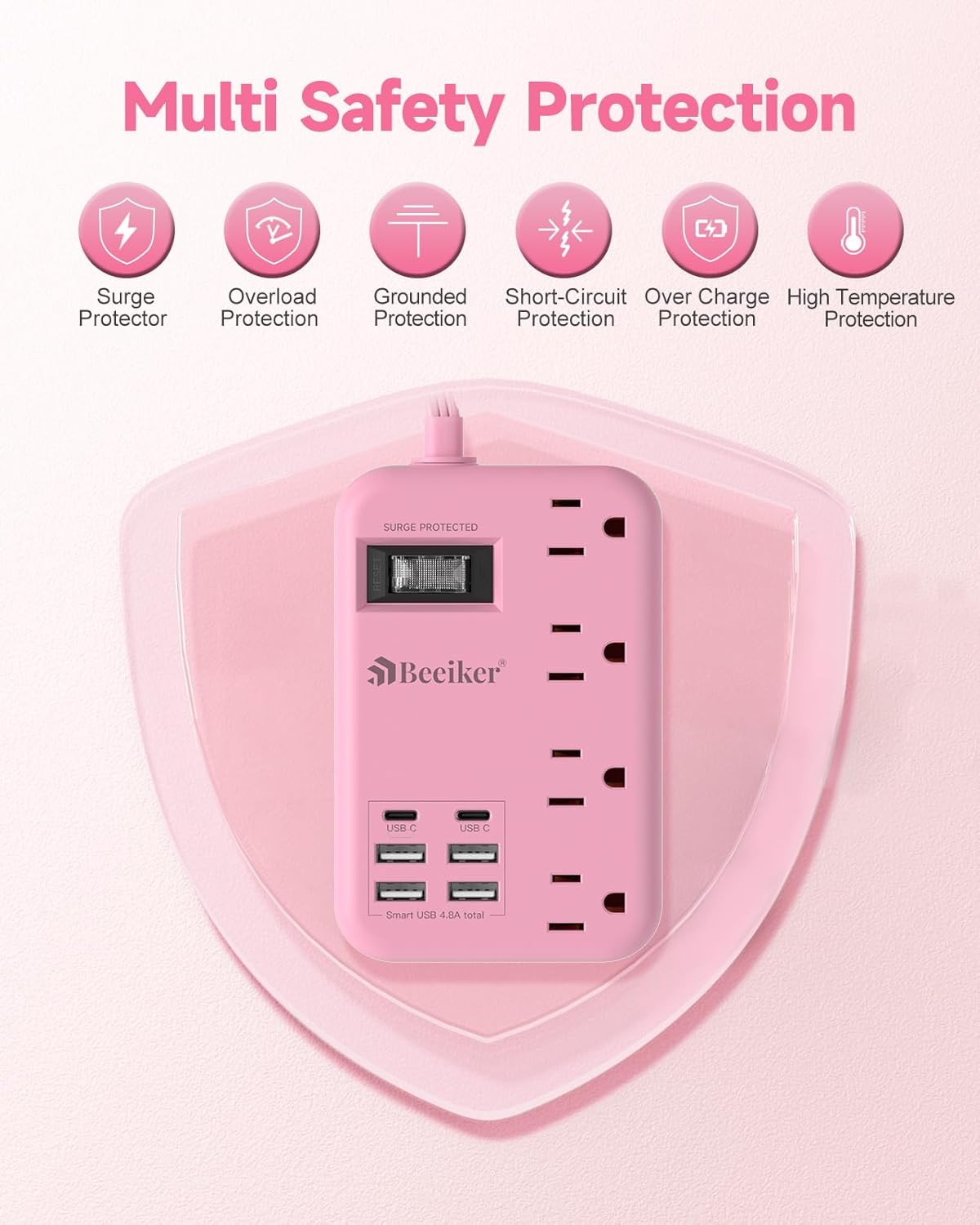 6 USB(2 USB C) Pink Extension Cord- 5Ft Travel Power Strip with 24W USB Charging Station and 4 Outlets, Pink Desk Accessories with Surge Protector for Cute Kawaii Gifts College Dorm Desk