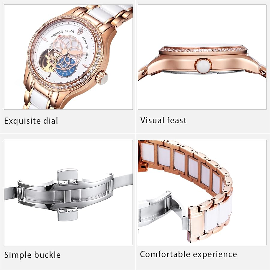 PRINCE GERA Orologio da Polso Meccanico Automatico, Orologio da Donna in  Ceramica Oro Rosa : Amazon.it: Moda