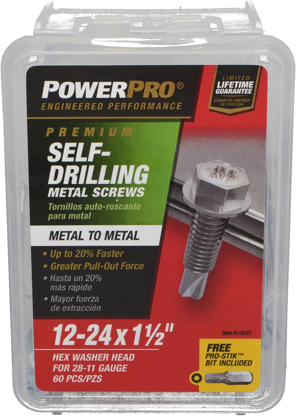 Power Pro Premium Self-Drilling Metal Screws, Zinc Plated Steel, Hex Washer Head Metal to Metal Winged Point Screws, Silver, #12 x 1-½ inches, Box of 60 Screws