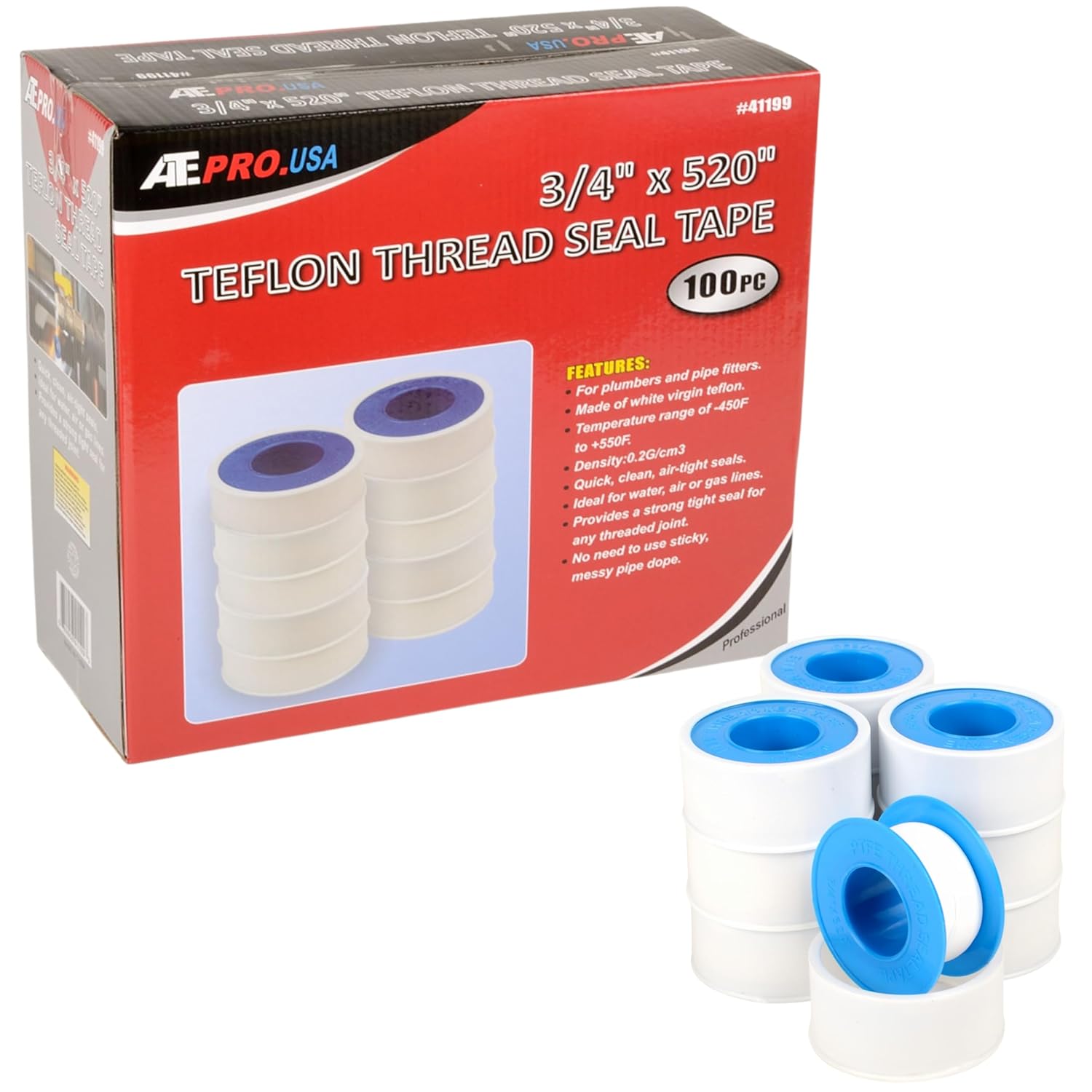 ATE Pro. Tools - Teflon Tape, Industrial Sealant Tape, Threaded Pipe Tape, Plumbing Tape, Temperature Range of -450F to +550F, 3/4" X 520" Teflon Tape, White Tape - 100 Pack