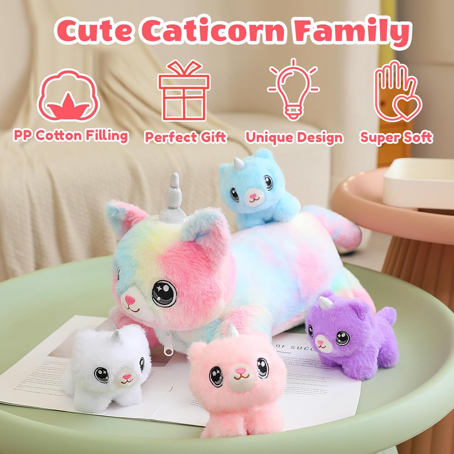 SQEQE Unicorn Cat Plush Mommy Cat Unicorn with 4 Cute Baby Kittens - Plushies Birthday Gifts for Boys and Girls