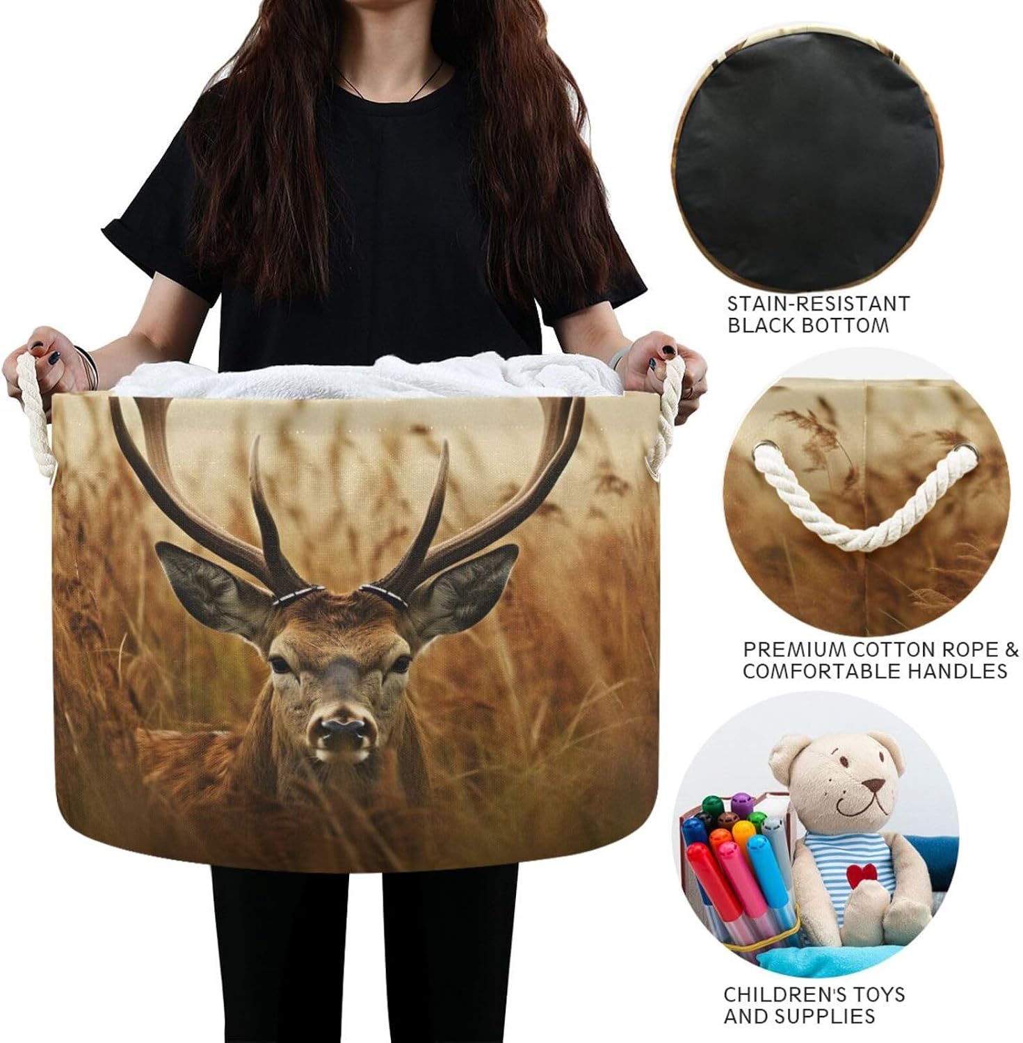 Antler Deer Extra Large Storage Basket Decorative Laundry Basket with Handles, Rope Basket for Clothes, Blanket, Towel, 20 x 14 Inch