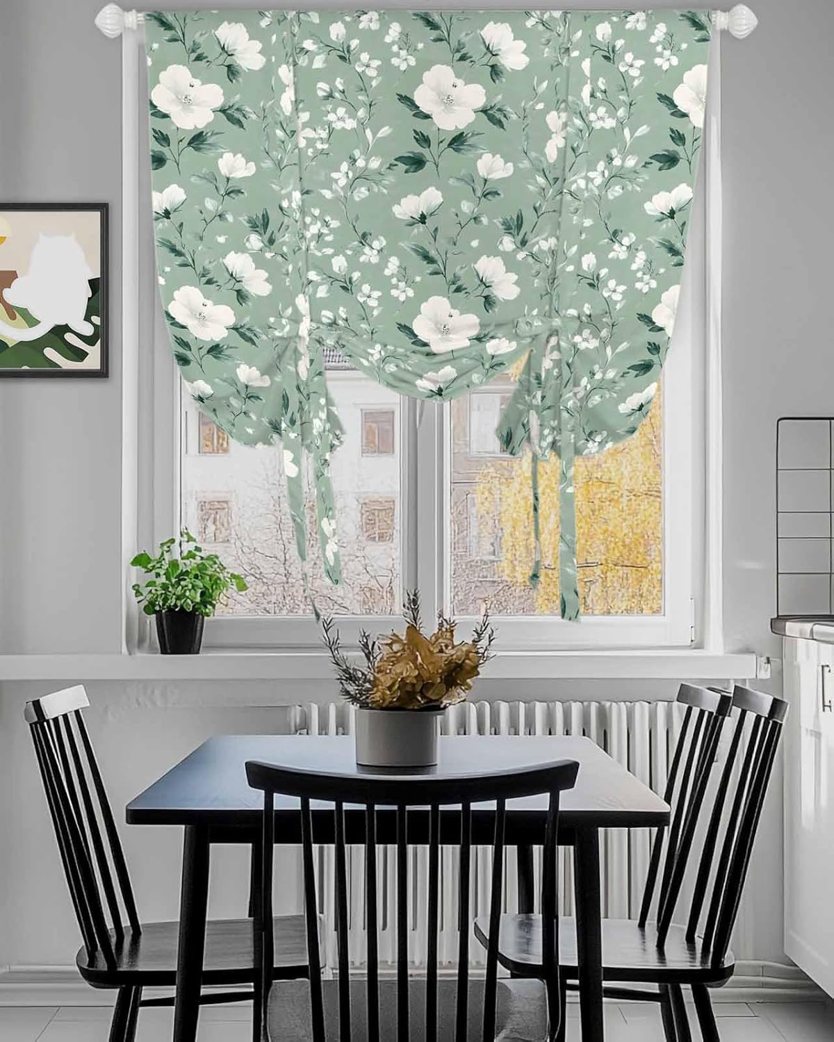 Tie Up Curtains for Windows Rustic Wild Floral Rod Pocket Tie-Up Window Shade Adjustable Balloon Curtain Valance French Green Vintage Camellia Flower for Bedroom Kitchen Bathroom Blinds,34x45in