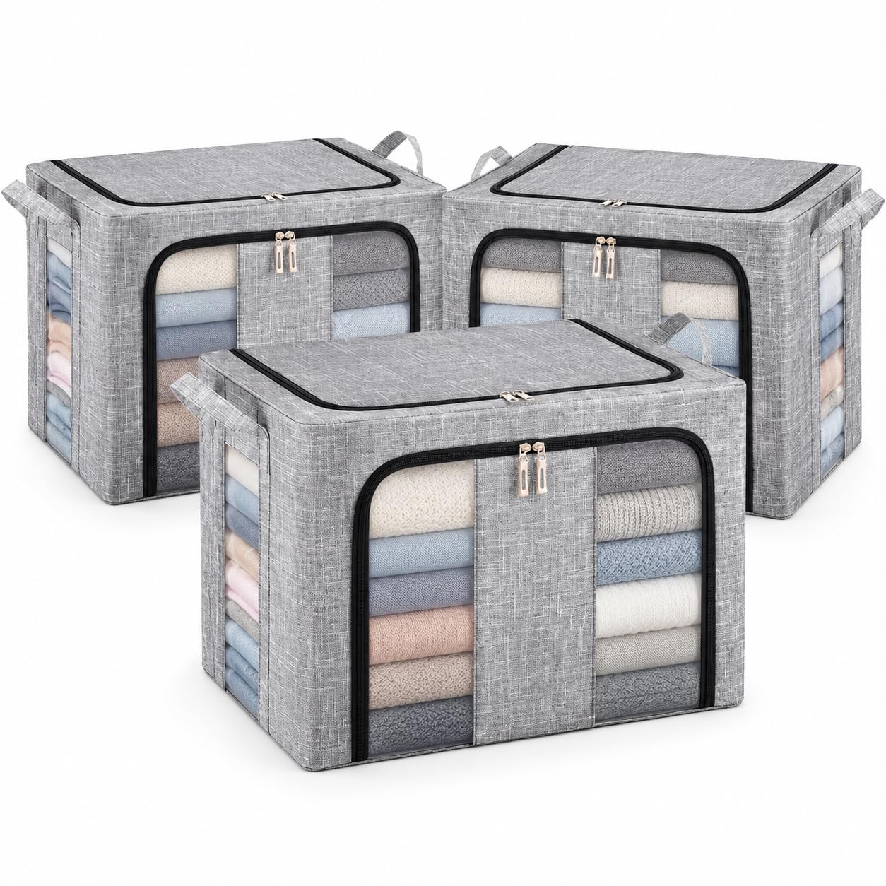 3 Pack 66L Storage Boxes with Lids Foldable Storage Bags Stackable Clothes Storage Bins with Steel Frame Clear Window Large Linen Organiser for Bedding Blankets Duvets Clothes Grey