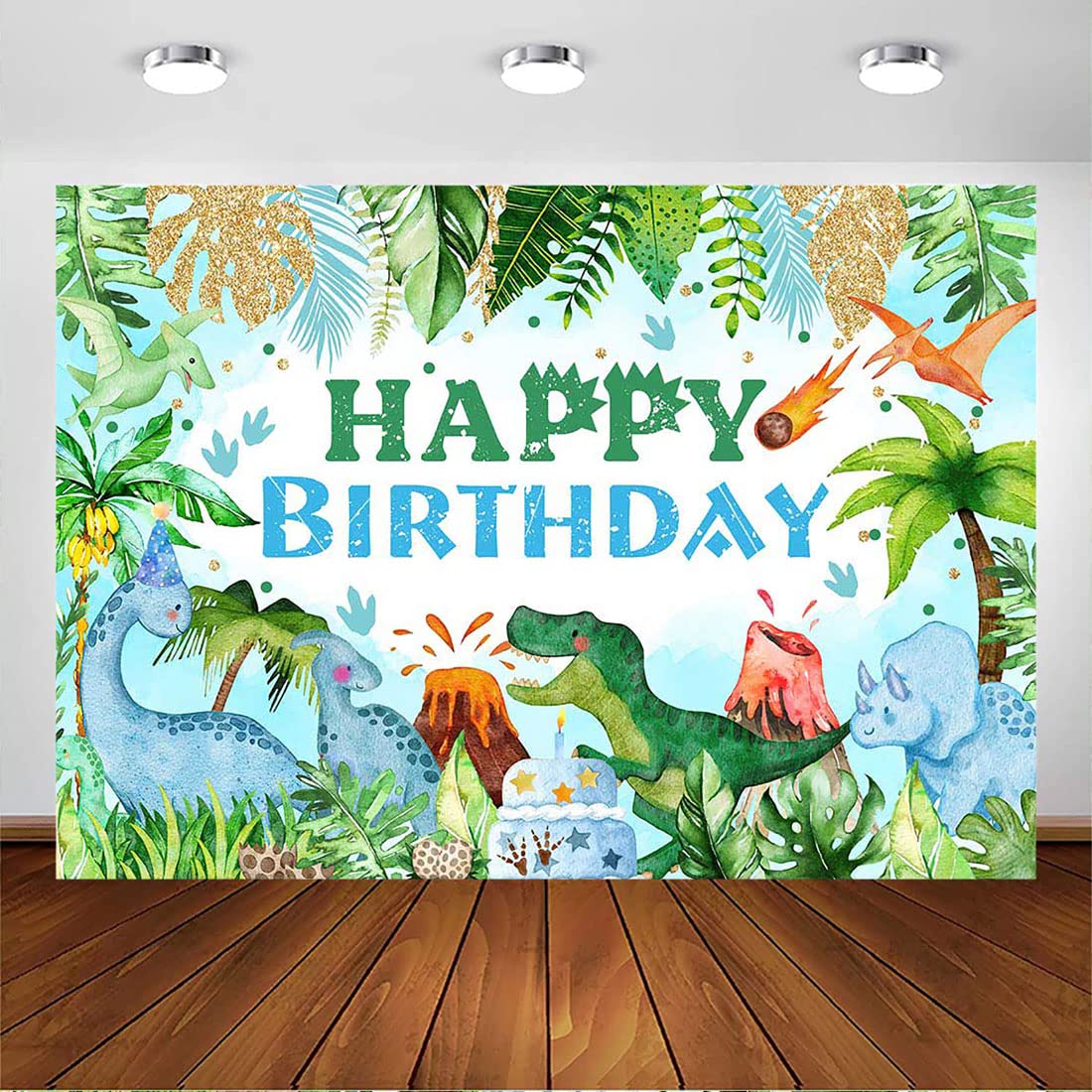 Avezano Cartoon Dinosaur Backdrop Jurassic Dino Theme Birthday Party Decorations for Boys Green Leaves Tropical Jungle Dinosaur Kids Boy Birthday Photography Background (5x3ft)