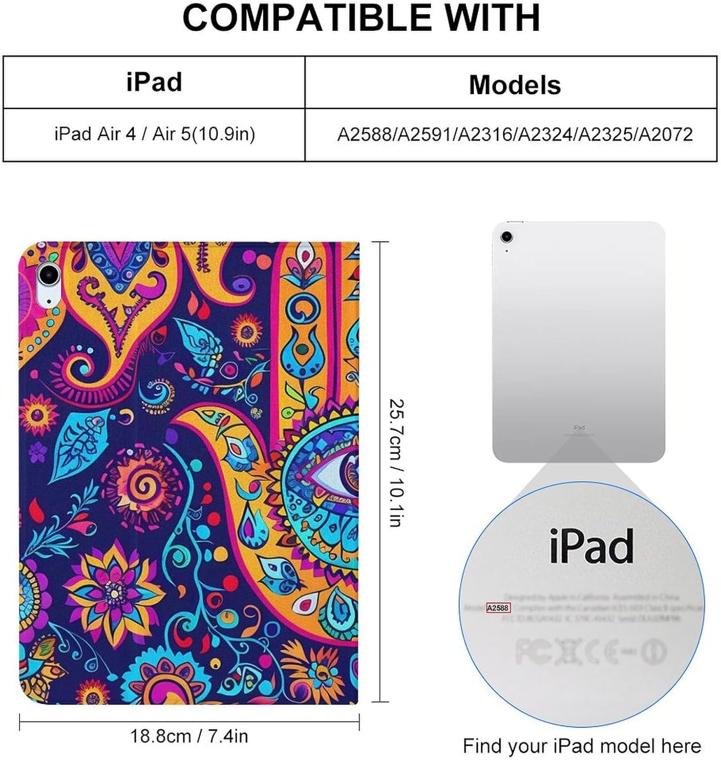 Hamsa Hand of Fatima Meditation Mandala Printed Case Trifold Stand Protective Cover Compatible with ipad 2019/2020/2021(10.2in)