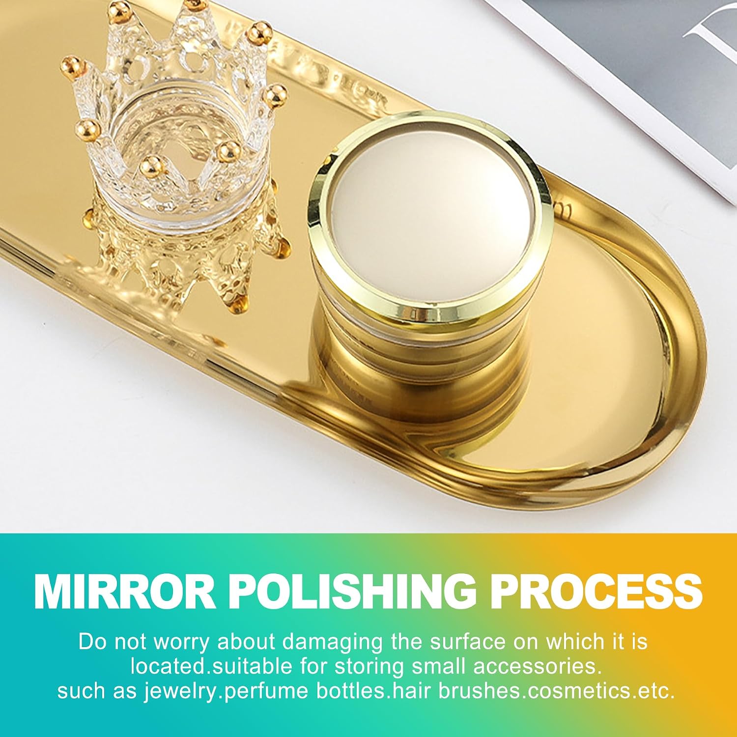 2 Pcs 7-Inch Gold Stainless Steel Vanity Tray Set, Mirror Polished Stainless Steel Decorative Trays for Bathroom, Dresser Top, Home Decor