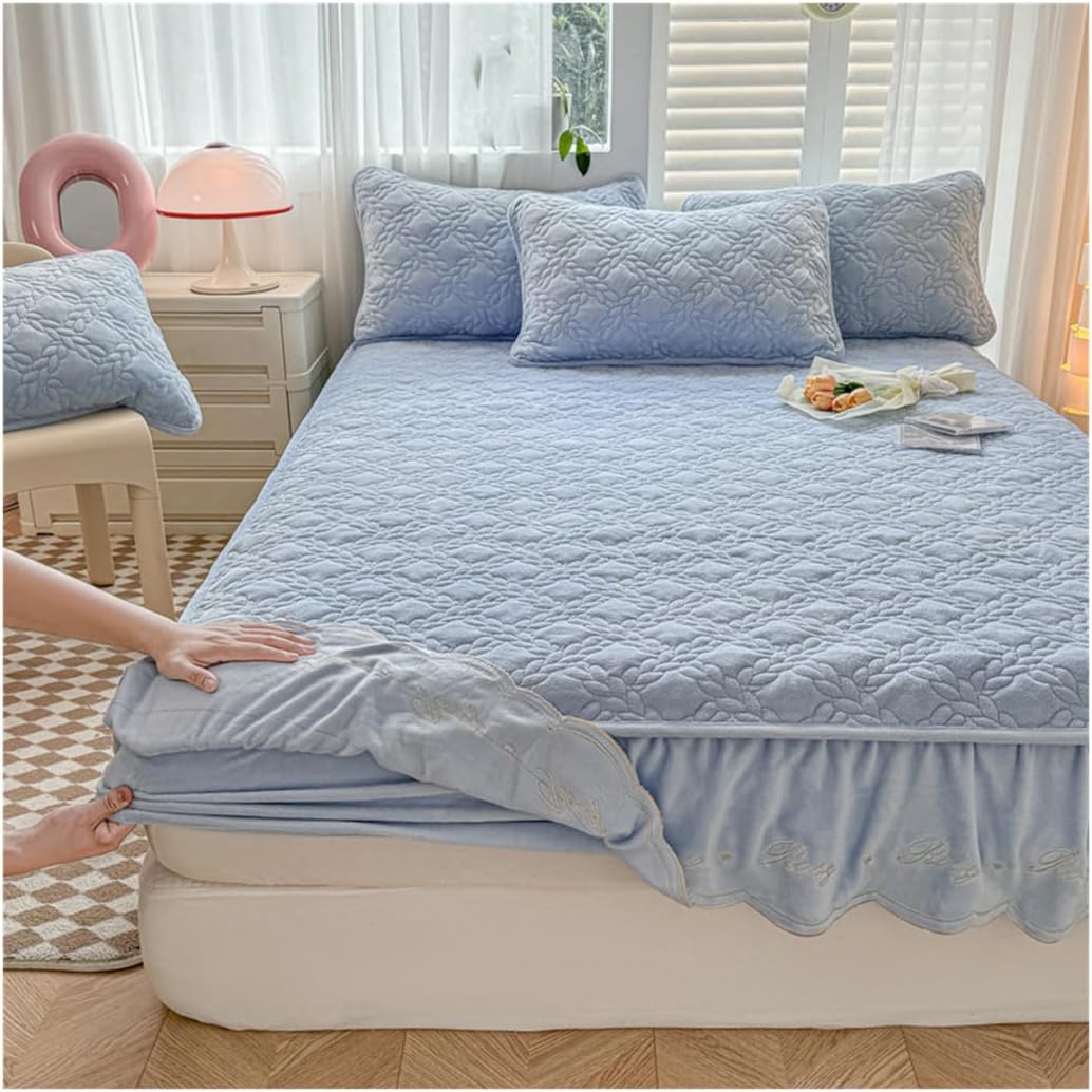 Bed Skirt with Pillow Cases, Fitted Bedspread with Elastic Corners, Milk Velvet Soft Fitted Sheet Mattress Cover (Light Blue,200×220cm with 2 Pillowcases)
