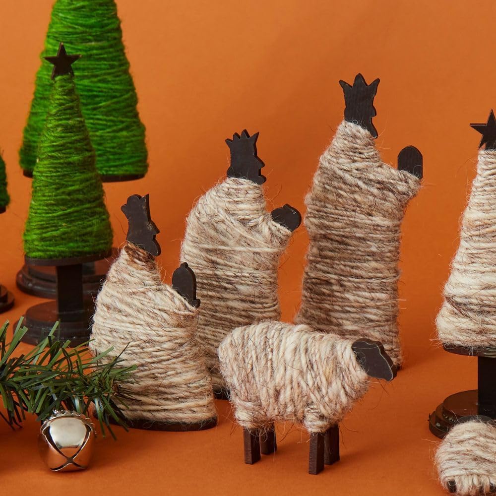 Natural Wool Wrapped Nativity Tabletop Scene with Holiday Trees, Collectible Figurines, Seasonal Decor, Christmas, Religious, Catholic Home, Christian, Jesus Manger Scene, Christmas Tree, Holy Family