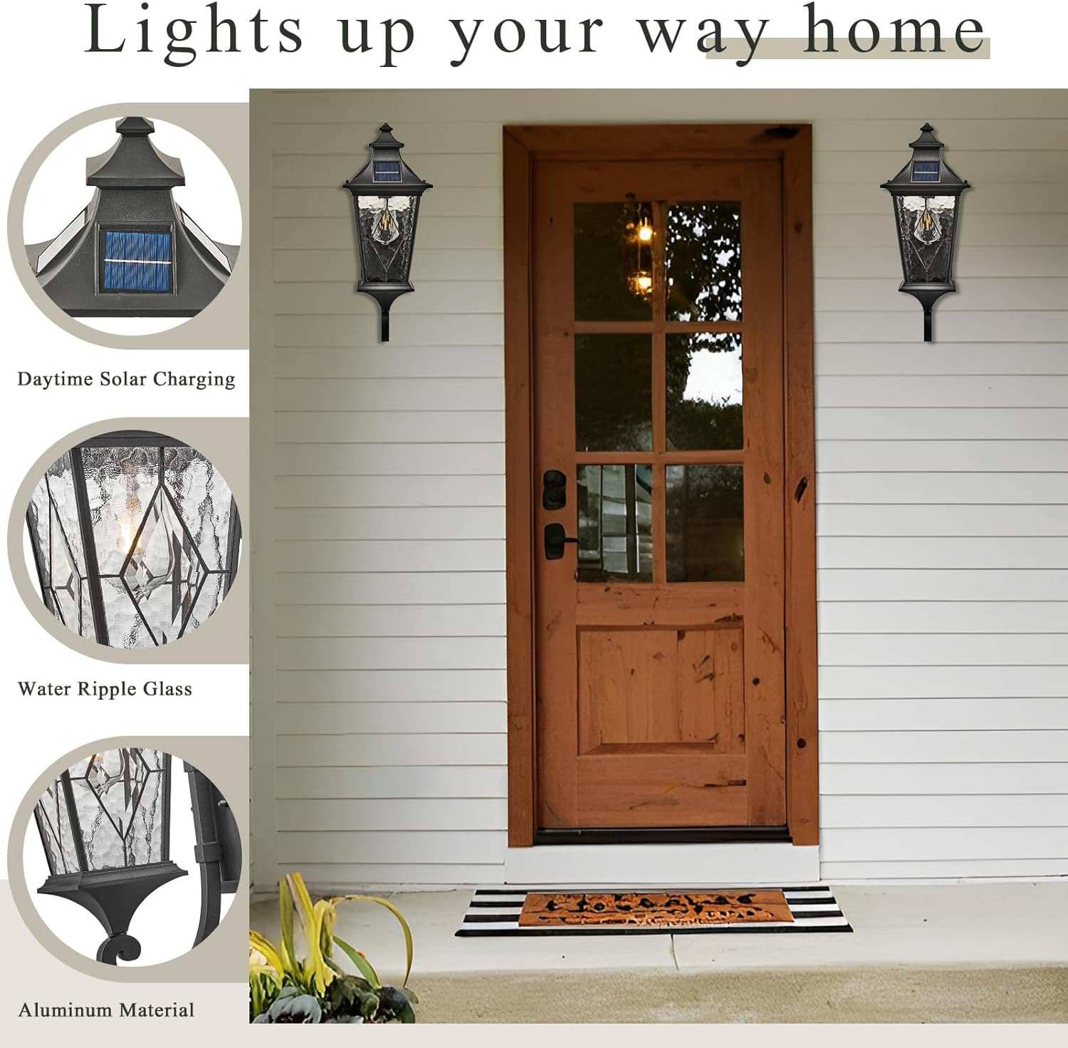 Solar Exterior Front Porch Light with Water Ripple Handmade Solder Glass Dusk to Dawn Solar Sconce Lights Outdoor 20.9 Inch Height Large Size Waterproof Include Remote Control and LED Bulb