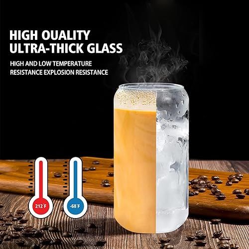 Vista 21 de Vasos de vidrio con tapas y pajitas, 1 paquete, tazas de café de vidrio, taza de vidrio con tapa para café helado, batido, cóctel, cerveza, whisky