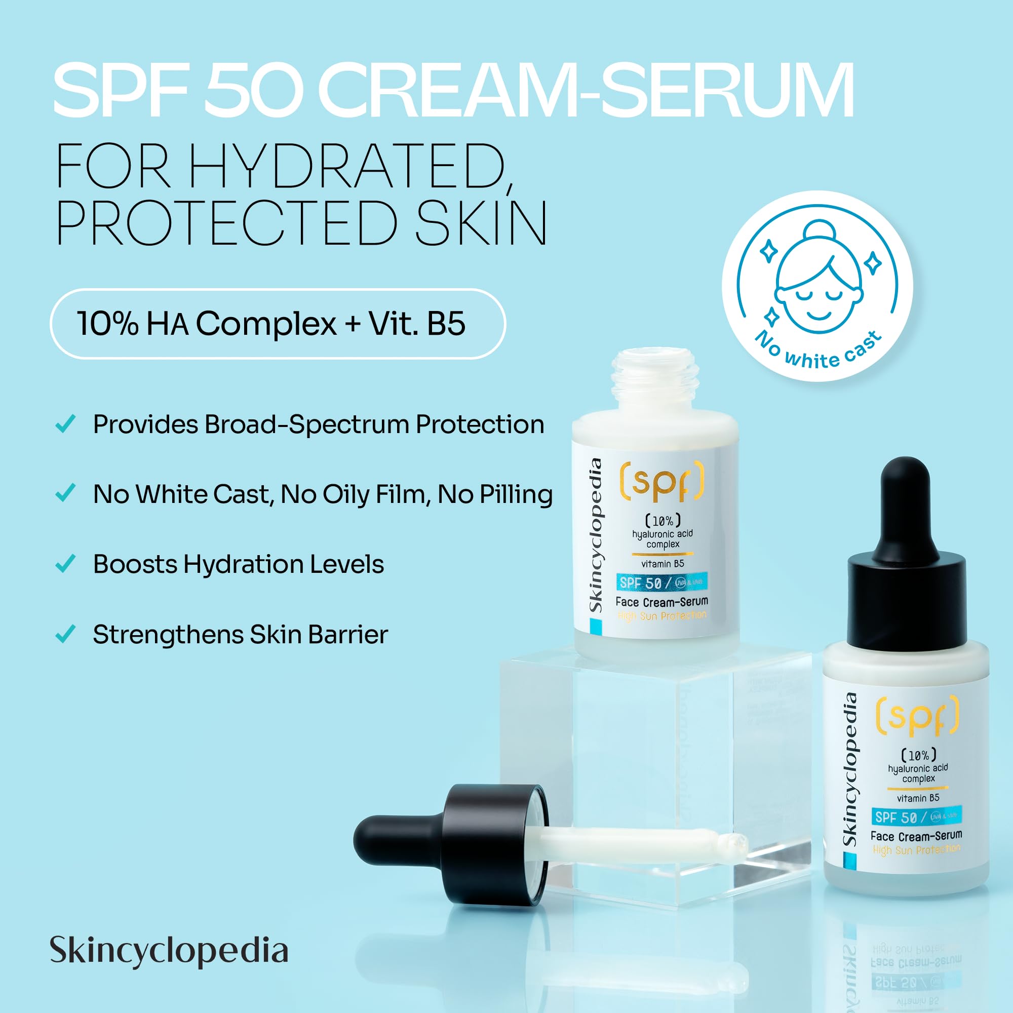 Skincyclopedia Serum z kwasem hialuronowym, LSF 50 serum do twarzy z 10% kompleksem hialuronowym i witaminą B5, ochrona przed słońcem z SPF 50, UVA i UVB, ochrona przed słońcem o wysokim spektrum