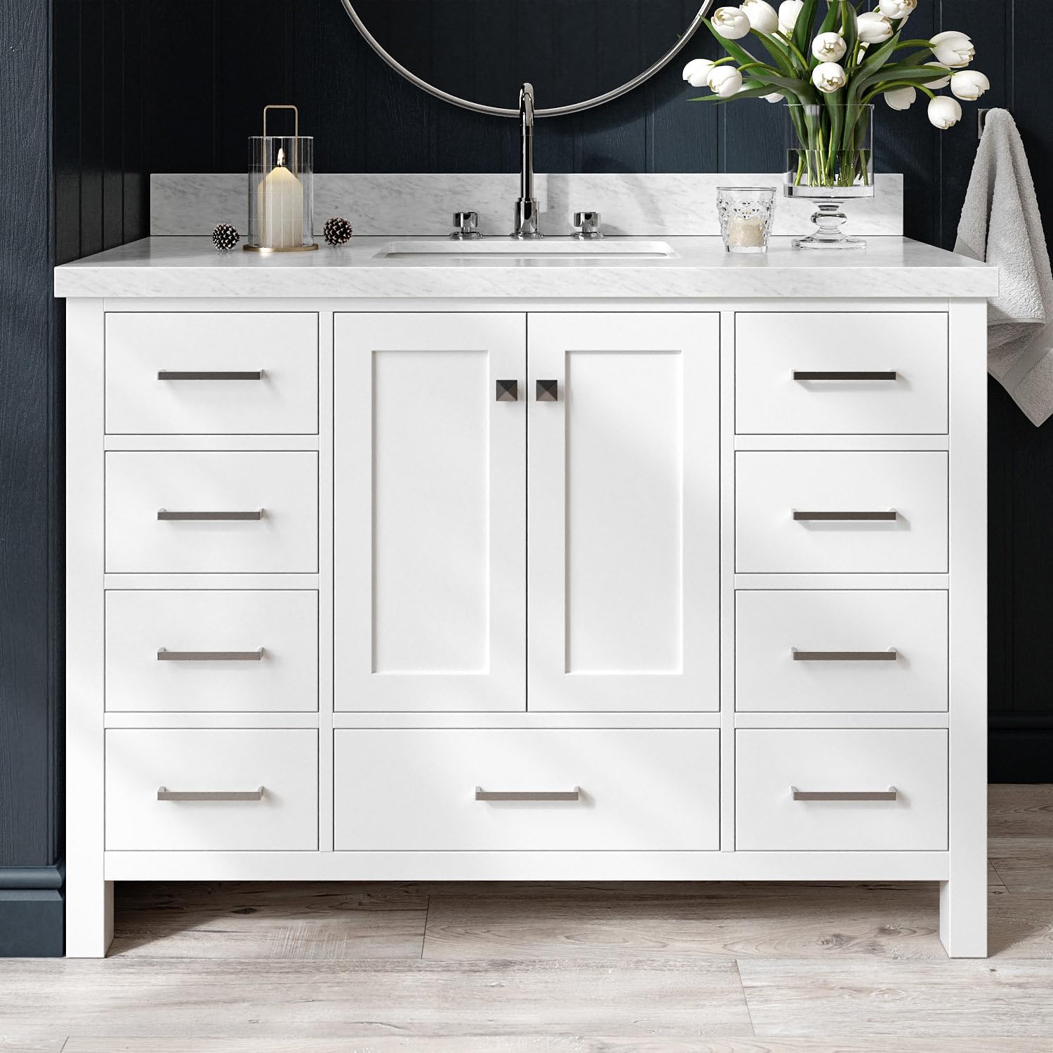 ARIEL Cambridge 48-inch Bathroom Vanity with Sink,Solid Wood, 1.5-inch Italian Carrara Marble Countertop, Single Rectangular Porcelain Sink, 2 Soft Closing Doors, 9 Dovetail Drawers, White