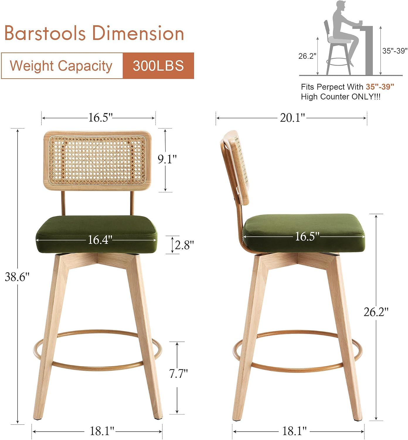 Rattan Bar Stools Counter Height Set of 4, Green Velvet Counter Stools for Kitchen Island, Swivel Barstools with Woven Wicker Backs and Solid Wooden Legs, Undyed Wood Farmhouse Bar Chairs