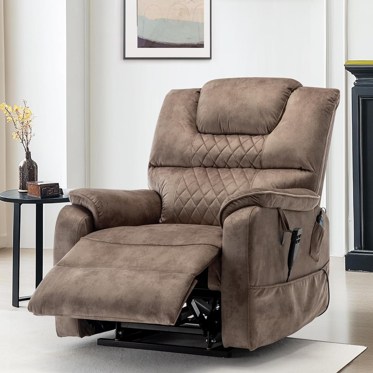 Recliner Chairs for Adults, PU Leather Oversized Recliner with OKIN Silent Motor, 180° Lay-Flat Design, Side Pockets, Infinite Position Power Lift Recliner Chair for Elderly (Velvet, Brown)