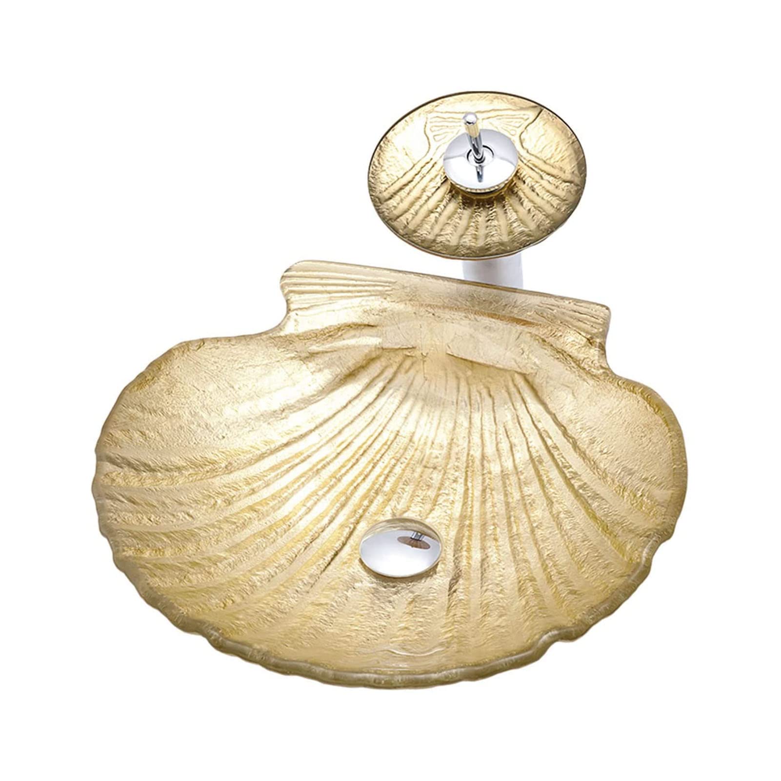 N\W Gold Bathroom Vessel Sink Shell Shapeartistic Vessel Sink Tempered Glass, Bathroom Sinks Above Counter, Sink Bowl With Waterfall Faucet And Drain