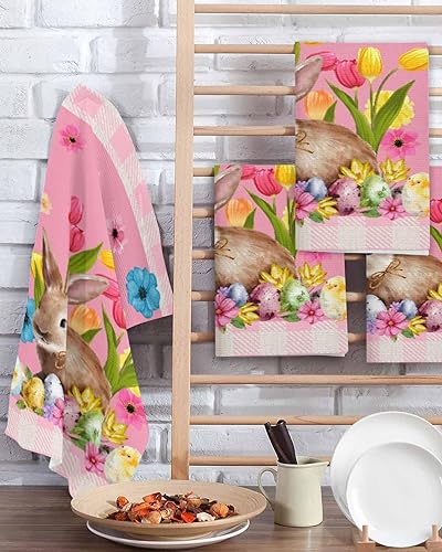 Miniatura 2 de Kitchen Towel 2 Packs Cotton Waffle Weave, Retro Pink Easter Tulip Bunny Buffalo Plaid 16 x 24 Inch Absorbent Quick Drying Dish Towels Clothes for