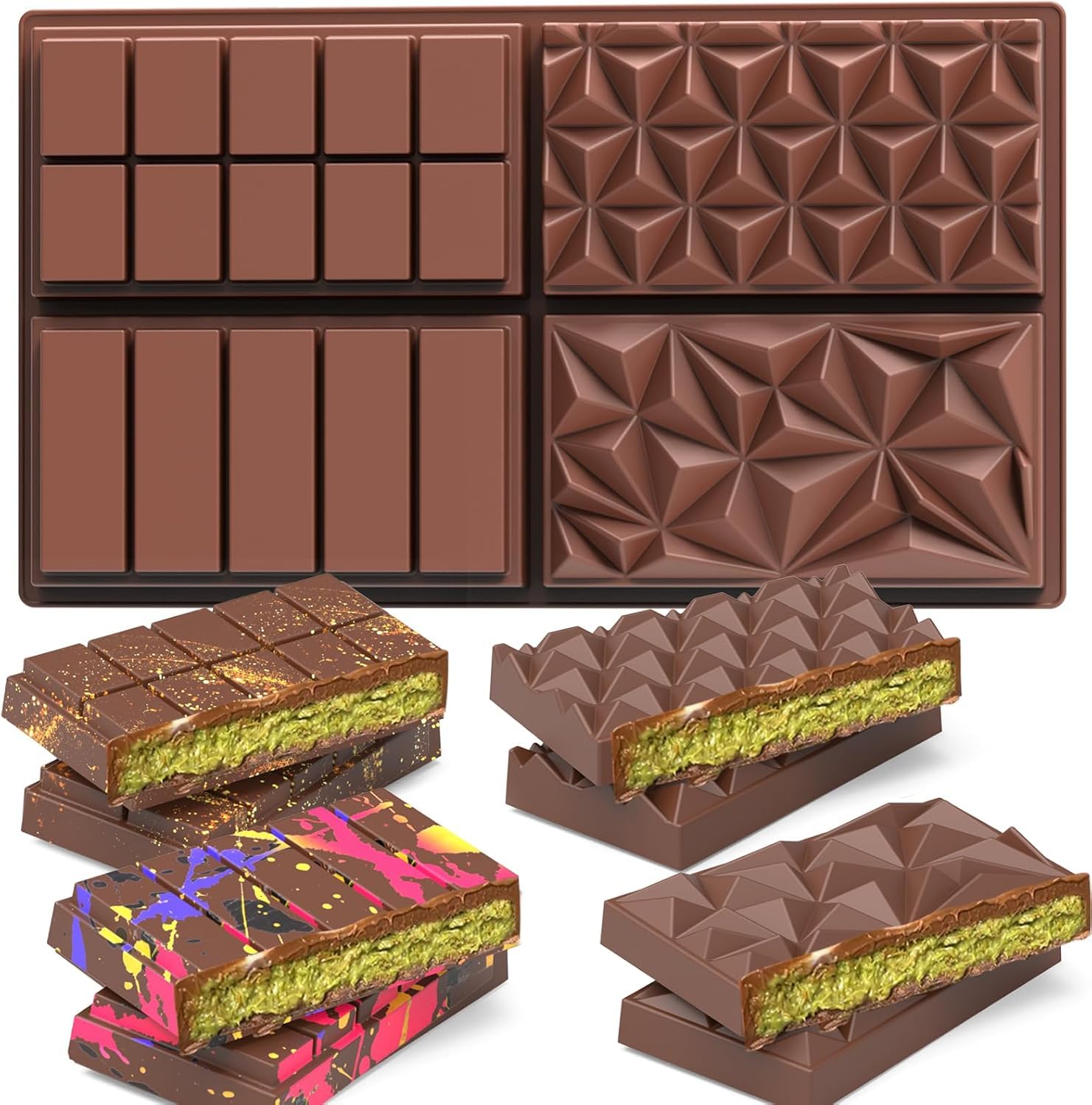 Sadodo Dubai Chocolate Bar Moulds Silicone, 4-Cavity Deep Chocolate Mould for Pistachio Knafeh Filling, Large Thick Candy Bar Molds, BPA Free Non-Stick for Energy Bars & Waffles,DIY Gift for Valentine