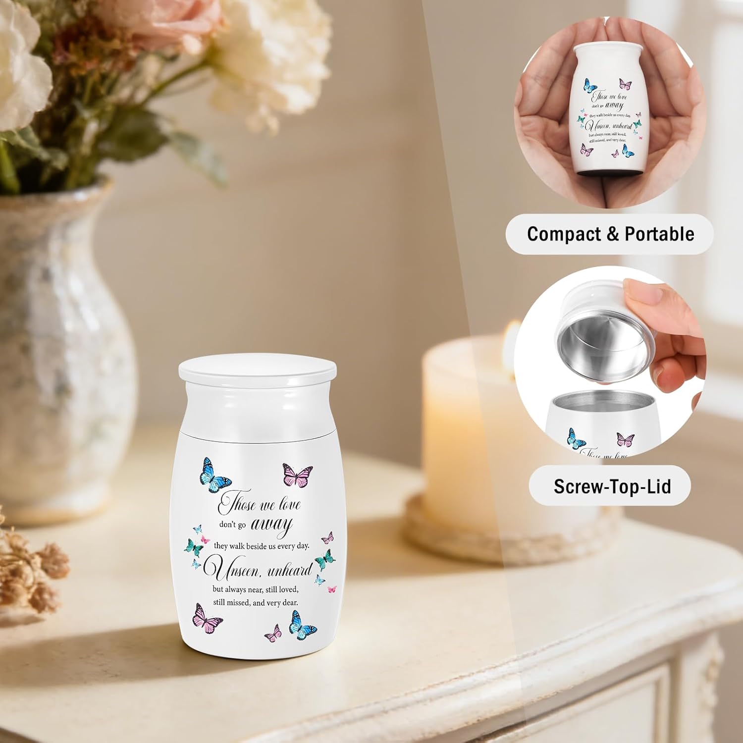 Abooxiu Small Urns for Human Ashes 2.76 Inches Mini Urn Aluminium Small Keepsake Urns with Angel Wings, Memorial Cremation Urn with 5D Printed Wing Frame, Sympathy Remembrance Urn for Loved One, White