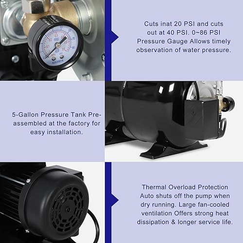 Miniatura 6 de Bomba de pozo poco profundo de 1.6HP 1320GPH 115V con tanque de presión, bomba de chorro de riego automática de acero inoxidable para el hogar,