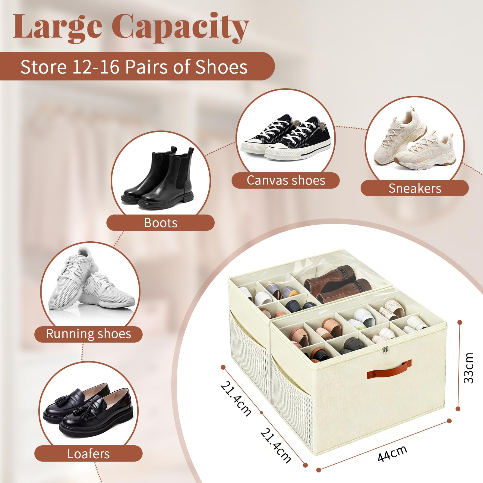 Set di 4 Organizer per Scarpe con Manici, con Doppia Cerniera | Scatole Porta Scarpe Pieghevoli in Tessuto, Contenitori per Armadi, per un Massimo di 32 Paia, con Finestra trasparente