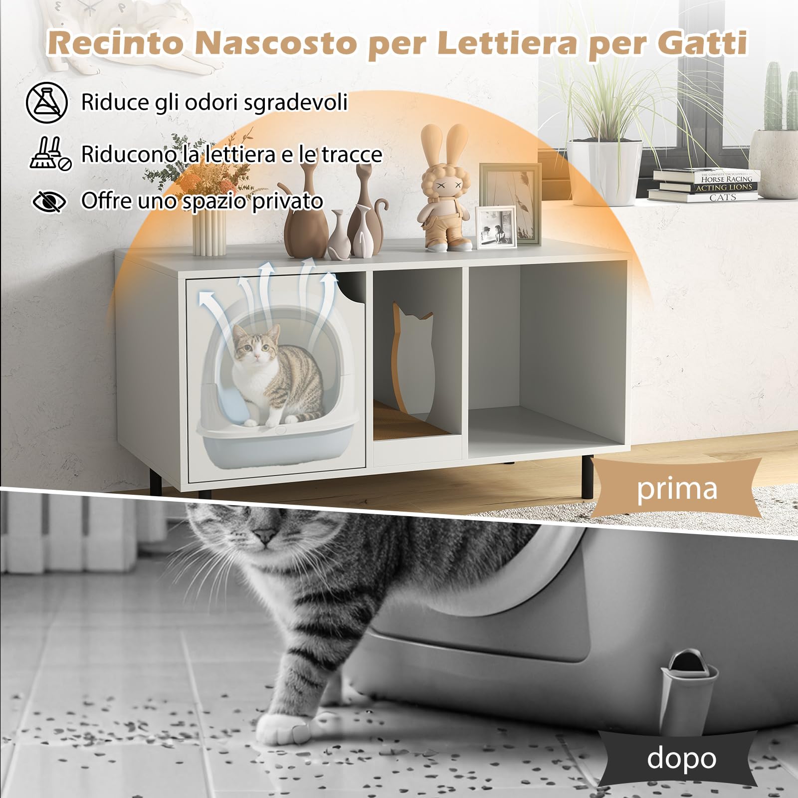 COSTWAY Lettiera Nascosto, Mobile Laterale in Legno con Ingresso a Forma di Testa di Gatto, Pannello Grattugia Rimovibile e Gambe in Metallo, Tavolino per Animali Domestici, Bianco, Portata di 120 kg