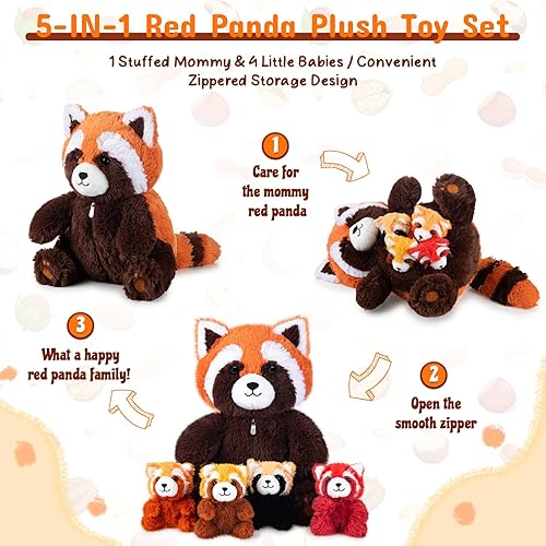 Miniatura 10 de Syhood Juego de 5 peluches de panda rojo de 13 pulgadas, mamá panda rojo con 4 lindos bebés en su vientre, peluche suave con cremallera para niños y