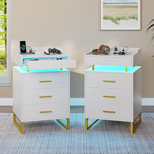 Juego de 2 mesitas de noche blancas con estación de carga, mesita de noche LED con bandeja extraíble, mesita de noche con cajones, mesa auxiliar